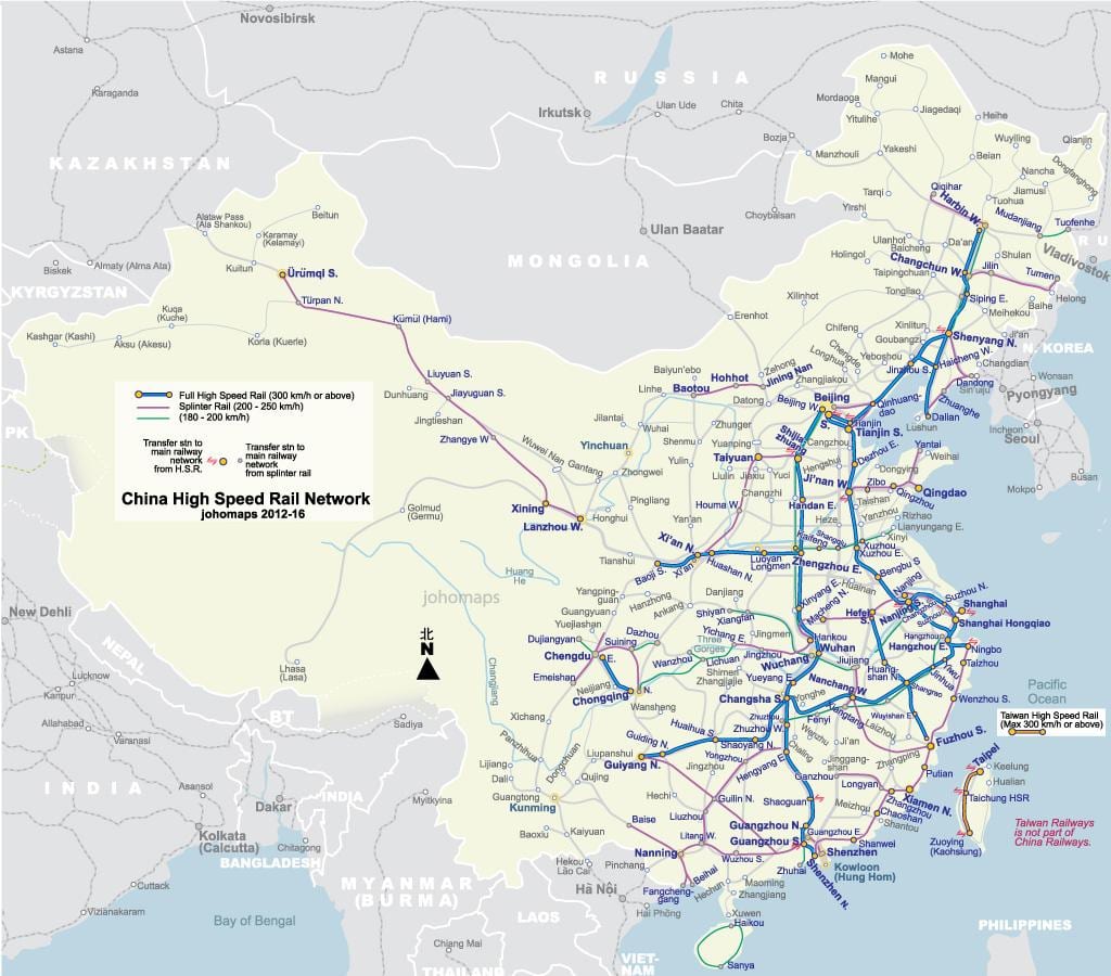 ferroviario ad alta velocità in Cina mappa