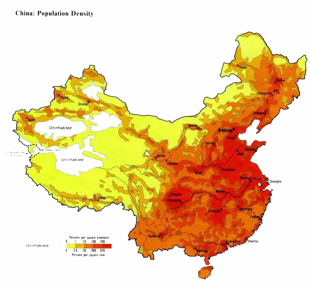 densità della popolazione mappa di Cina