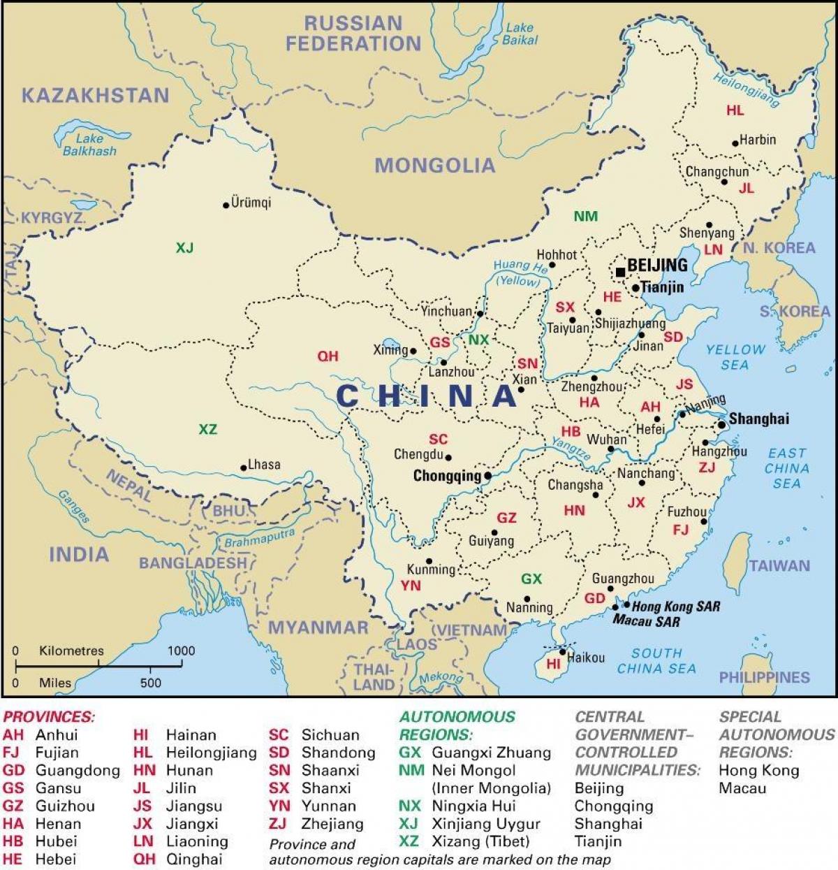 mappa della Cina province e capoluoghi