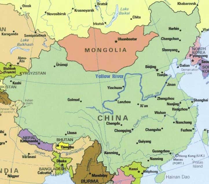 fiume giallo in Cina mappa