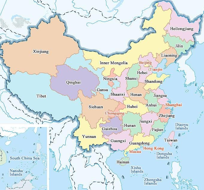 Cina città mappa e le province